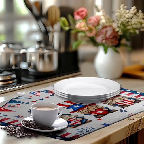 4th of July Gnomes Dish Drying Mat Patriotic Gnome Large Kitchen Mat Dish Drying Pad Absorbent Dish Dryer Mat for Kitchen Countertops Microfiber Drainer Pad Dish Drying Rack Mat