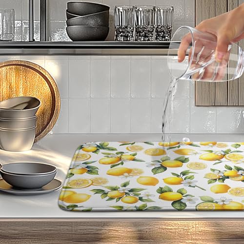 Lemon Dish Drying Mat Spring Summer Kitchen Dish Drying Pad Absorbent Drying Mat for Countertops Dish Dryer Mat Microfiber Dishes Drainer Pad Dish Drying Rack Mat