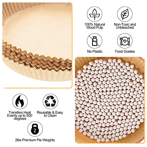 2 Pack 2 lb White Pie Weights for Baking Crust Reusable Ceramic Blind Baking Beans Stoneware with 50 Pcs Disposable Parchment Paper Pie Liner Fit 8