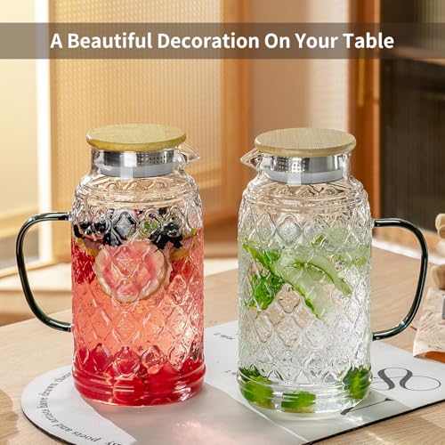 2 PACK Glass Pitcher with Bamboo Lid