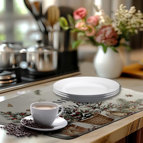 Merry Christmas Dish Drying Mats Winter Xmas Tree Dish Mat Snowflake Drying Matt Dishes Dryer Pad for Kitchen Counter Absorbent Microfiber Washable Foldable Reusable 18x24 in