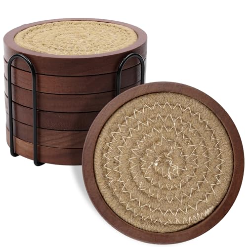 6 Pack Wood Coasters for Drinks with Cotton Coasters Insert (10 Count)