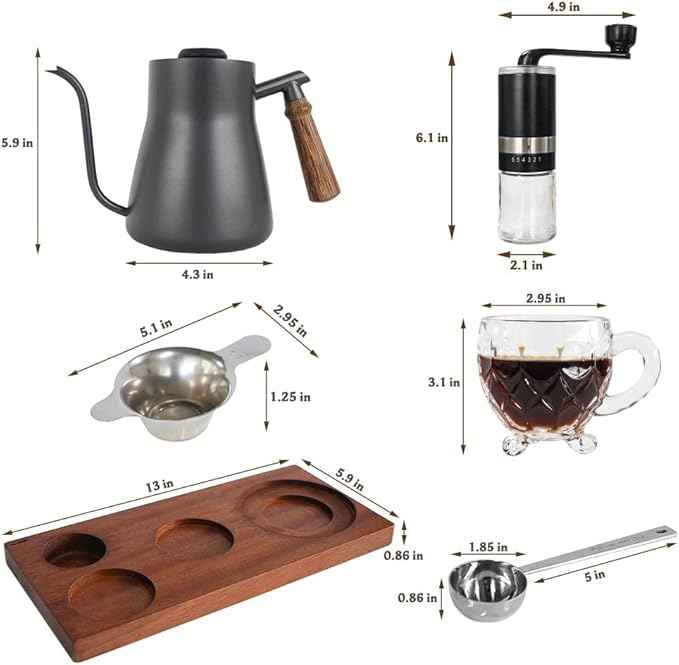 SOTECH Pour Over Coffee Maker Set Chinese Tea Set Wooden Storage Tray Coffee Dripper Glass Server Coffee Scoop DIY Manual Pour Over Kit Black(Portable Natural Jute Bag Set)