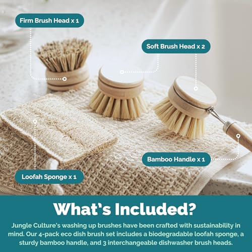 Bamboo Dish Brush • 3 Swap Heads & Loofah Sponge • 4 Piece (4 Count)