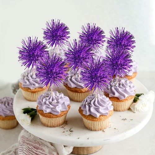40 PCS Foil Firework Cupcake Toppers Fireworks Cupcake Picks Sparkle Tinsel Cake Decorations Cocktail Fruit Toothpick for Firework Theme Birthday Wedding Graduation Party Decorations Supplies Purple (40 Count)