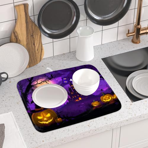 Halloween Scary Night Pumpkin Lanterns Dish Drying Mat for Kitchen Counter
