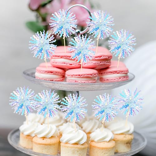 30 PCS Foil Firework Cupcake Toppers Sparkle Tinsel Cupcake Picks Happy Birthday Cake Toppers Drink Stirrers Cocktail Food Fruit Toothpicks for Baby Shower Wedding Party Decorations Supplies Blue (30 Count)