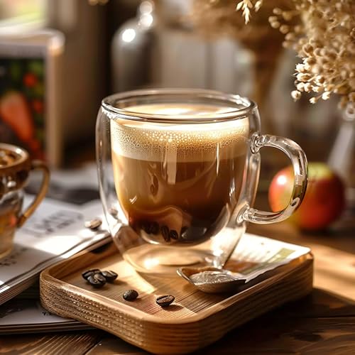 6 Ounces Set of 4 Double Walled Glass Coffee Mugs with Handle Insulated Layer Coffee Cups Borosilicate Glass Espresso Double Insulated Clear Glass Coffee Mug for Hot Beverages (4 Count)