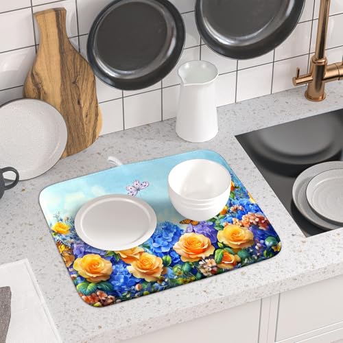 Spring Blue Yellow Hydrangeas Flowers Dish Drying Mat for Kitchen Counter