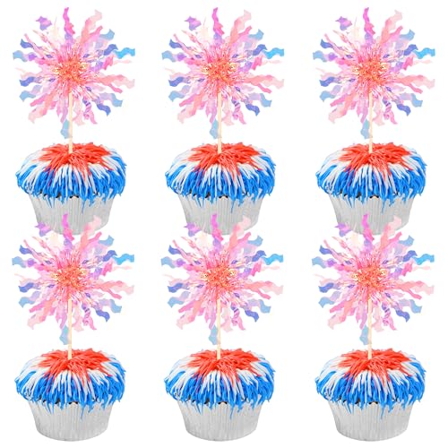 30 PCS Foil Firework Cupcake Toppers Sparkle Tinsel Cupcake Picks Happy Birthday Cake Toppers Drink Stirrers Cocktail Food Fruit Toothpicks for Baby Shower Wedding Party Decorations Supplies Orange (30 Count)