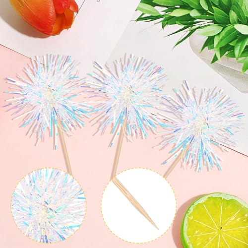 30 PCS Foil Firework Cupcake Toppers Happy Birthday Cupcake Toppers Sparkle Tinsel Flower Drink Stirrers Cocktail Fruit Toothpicks for Valentine's Day Baby Shower Party Cake Decor Supplies White (30 Count)