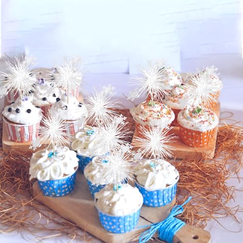 30 PCS Foil Firework Cupcake Toppers Snowflake Cupcake Picks Birthday Cupcake Toppers Sparkle Tinsel Flower Drink Stirrers Cocktail Fruit Toothpicks for Baby Shower Birthday Party Cake Decor Supplies (30 Count)