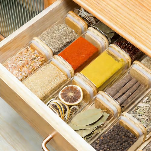 Glass Spice Jars with Labels 8 oz 6 Pack Square Bamboo Lids (6 Count)