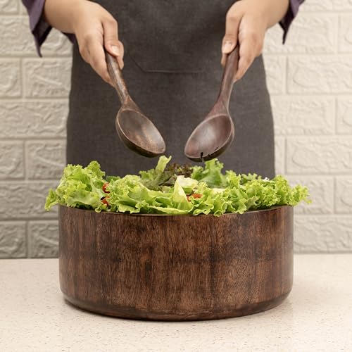 12" Dark Burnt Wooden Salad Bowl Set with Serving Utensils Eco