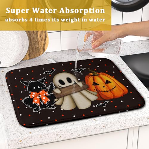 16"x18" Halloween Dish Drying Mat Spooky Pumpkin Ghost Black Cat Bats Kitchen Drainer Mats Holiday Gothic Reversible Microfiber Dish Drying Pad Small Size for Countertop Tabletop Decor