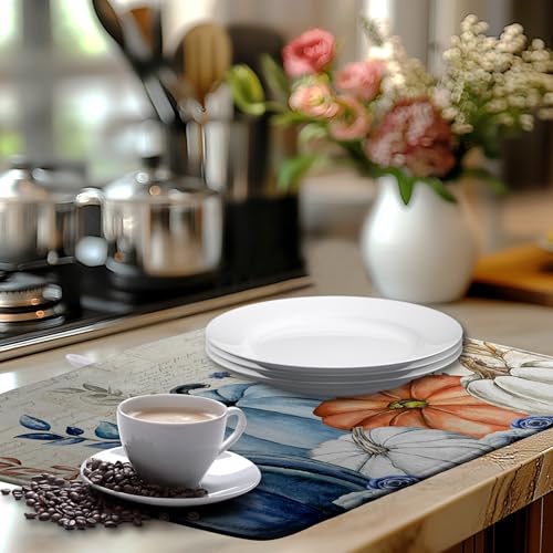 Fall Blue White Pumpkin Dish Drying Mats Thanksgiving Leaves Dish Mat Drying Matt Autumn Floral Dishes Dryer Pad for Kitchen Counter Absorbent Microfiber Washable Foldable Reusable 18x24 in
