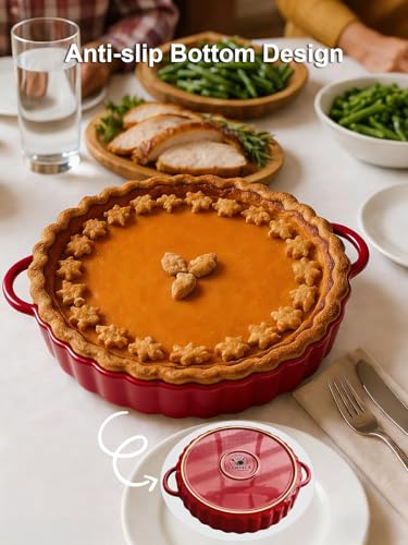 10×2in Deep Ceramic Pie Pan with Handles for Pie Quiche Tart Baking. Easy to grip
