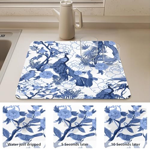 Blue Peacocks Birds Dish Drying Mat for Kitchen Counter