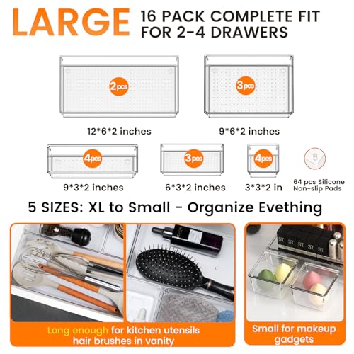16 Pack Large Clear Plastic Drawer Organizer Bins (16 Count)