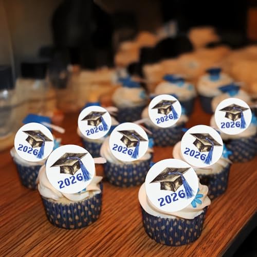 48Pcs Edible 2026 Graduation Cap Cupcake Toppers Wafer Paper Class of 2026 Grad Cap Cupcake Picks for 2026 Graduation Theme Party Cake Decorations Supplies Blue (48 Count)