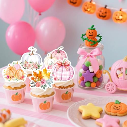 72Pcs Edible Pumpkin Cupcake Toppers Autumn Thanksgiving Theme Party Wafer Paper Flowers Pumpkin Cupcake Toppers Baby Gender Reveal Party Supplies