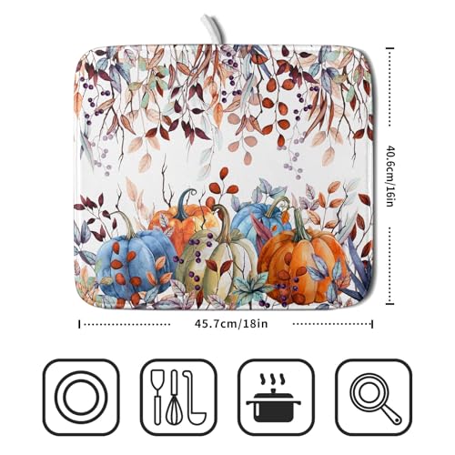 Orange and Blue Autumn Pumpkins Dish Drying Mat for Kitchen Counter