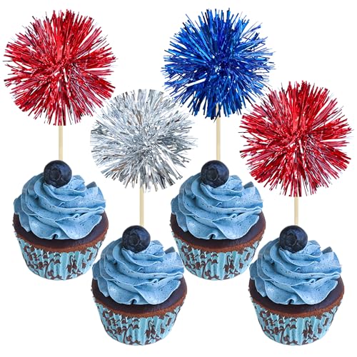30Pcs Foil Firework Cupcake Toppers Sparkle Tinsel Cake Toppers Tinsel Drink Cake Decoration Cocktail Picks for Birthday Wedding Graduation Party Supplies Silver Dark Blue Red (30 Count)