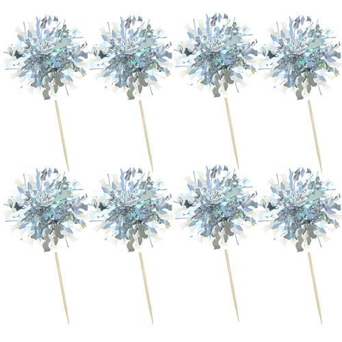 30Pcs Foil Firework Cupcake Toppers Happy Birthday Cake Toppers Tinsel Flower Drink Stirrers Cocktail Food Fruit Toothpicks for Valentine's Day Party Decorations Silver (30 Count)