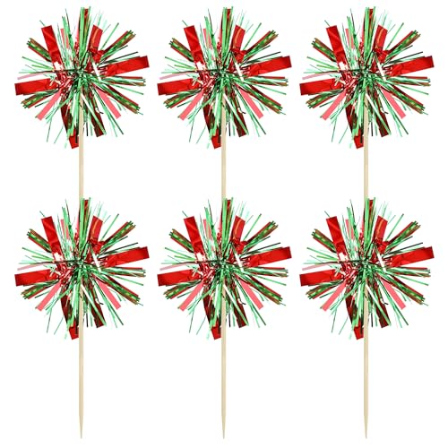 20Pcs Foil Firework Cupcake Toppers Happy Birthday Cake Toppers Tinsel Flower Drink Stirrers Cocktail Food Fruit Toothpicks for Valentine's Day Party Birthday Wedding Supplies Green Red (20 Count)