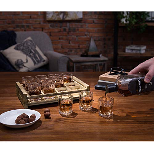 Square Shot Glasses with Burnt Wood Serving Tray