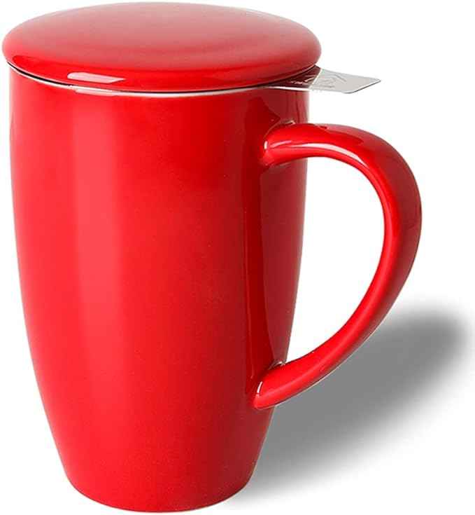 Sweejar Porcelain Tea Infuser Mug with Lid, 16 oz Teacup with Strainers for Loose Leaf Tea, Microwave and Dishwasher Safe Coffee Mug(Red)