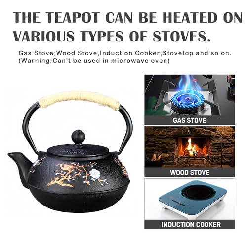 Cast Iron Teapot SECHUDO Teapot for Stovetop Safe Coated with Enameled Interior
