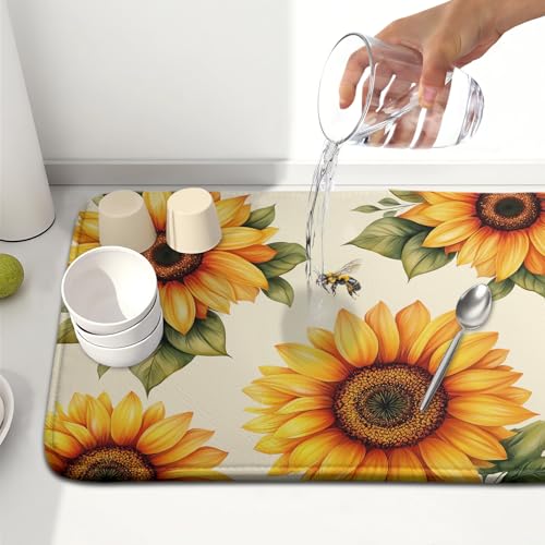 Sunflower Dish Drying Mat 16x18 Inch Absorbent Reversible Summer Drying Mat Sunflower Bee Dish Drying Rack Mat Yellow Summer Themed Dish Drainer Mat for Kitchen Counter Coffee Bar