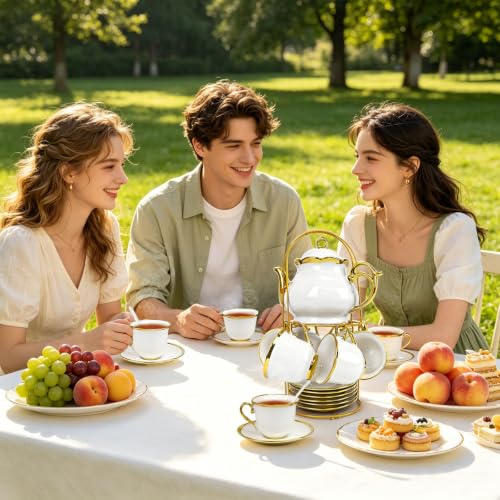 20 Pcs Porcelain Tea Set with Metal Holder (20 Count)