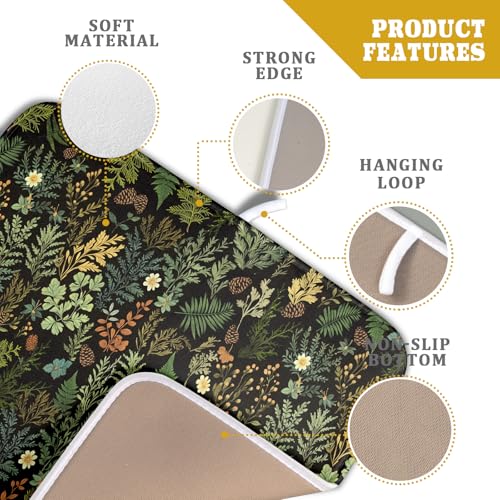 Black Green Botanical Dish Drying Mat for Kitchen Counter 16x18 Inch Super Absorbent Microfiber Kitchen Drying Mat Green Plant Fern Leaves Floral Dish Reusable Washable Dish Drying Pad for Coffee Bar