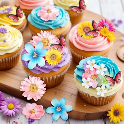 55 Pcs Edible Flowers & Butterflies Cake Decorations (55 Count)