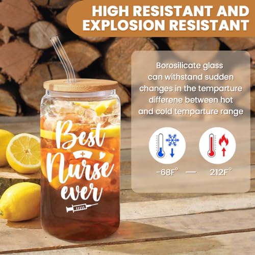 Nurse Cup 16 Oz Glass Can with Bamboo Lid and Straw