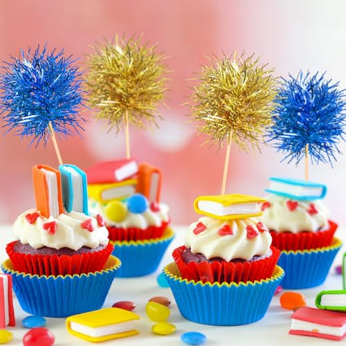 100 Pcs Foil Firework Cupcake Toppers Sparkle Tinsel Cake Toppers Cake Decoration Cocktail Fruit Toothpick for Birthday Wedding Graduation Party