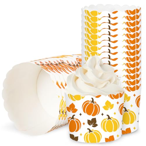 100Pcs Fall Paper Baking Cups Pumpkin Maple Leaf Cupcake Wrappers Orange Yellow Brown Scalloped Edge Cupcake Muffin Cases for Autumn Thanksgiving Dessert Decoration (100 Count)