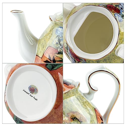 Teapot 30 oz Vangogh Paintings Bone China Loose Tea Pot Floral Design Vintage Ceramic Coffee Water Pot European Style Porcelain (30 Ounce)