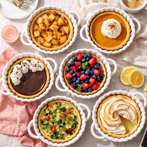 6in Ceramic Mini Pie Pan Set of 6 with Handles for Pie Quiche Tart. Easy to grip (6 Count)