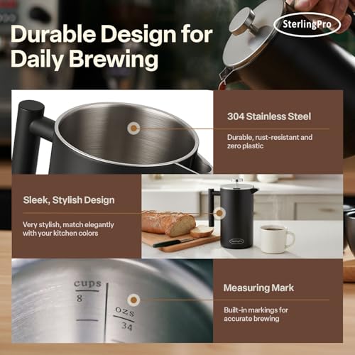 Non Toxic Insulated Stainless Steel French Press Coffee Maker 34oz