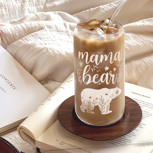 Mom Gifts Mama Bear 16 Oz Can Glass Tumbler with Bamboo Lid and Straw