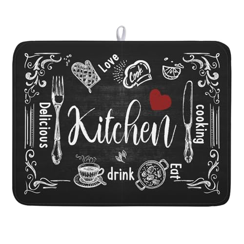Black Coffee Bar Dish Drying Mats for Kitchen Counter 18x24 Inch