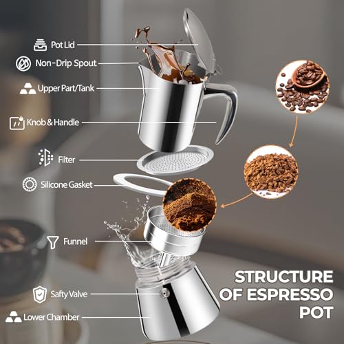 304 Thickened Stainless Steel Uncoated 2 Cup Moka Pot 100ml 3.3oz