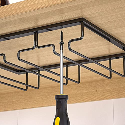 Wine Cup Holder Table Decoration Storage Hanger Metal Organizer for Bar Kitchen Stemware Rack Under Cabinet Stainless Steel Hanger Storage Shelf Black (2 Count)