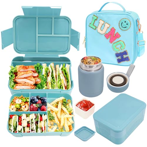 Lunch Box for Girl with 10oz Thermo 6 Compartment Bento Set Blue