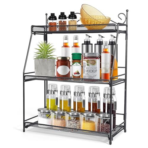 Standing Spice Rack 3 Tier Metal Foldable and Durable Kitchen Rack for Countertop Kitchen Bathroom