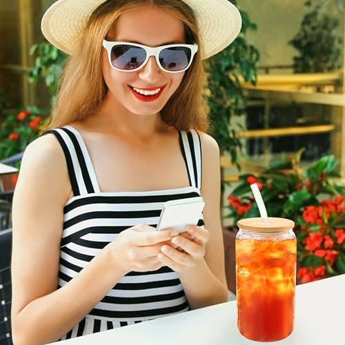 12Pcs Glass Cups with Bamboo Lids and Straws Bulk 16 oz Can Shaped (12 Count)