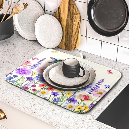 Hummingbird Flower Dish Drying Mat 16x18 inch Watercolor Spring Herb Floral Dish Drainer Mats Wildflower Plant Reversible Microfiber Dish Drying Pad for Kitchen Countertop Small Decor